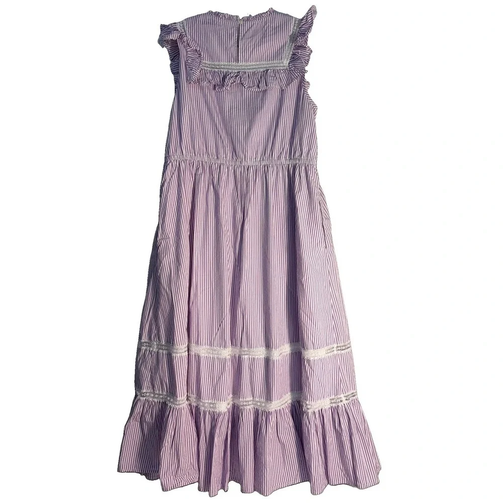 J. Crew Tiered Ruffle Dress Stripe Purple White  Lined Midi Women's Large